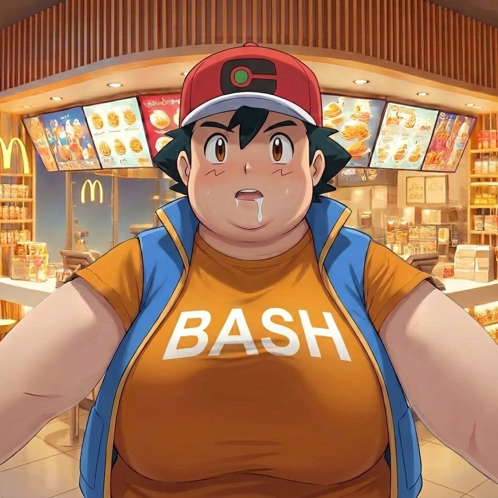 Big Ash, the snack-loving trainer, standing in a fast food court